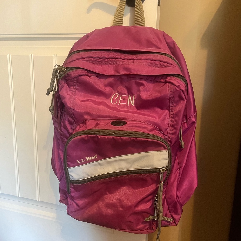 LL BEAN Backpack Vintage Purple Nylon Zip Close Reflective Strip Pockets